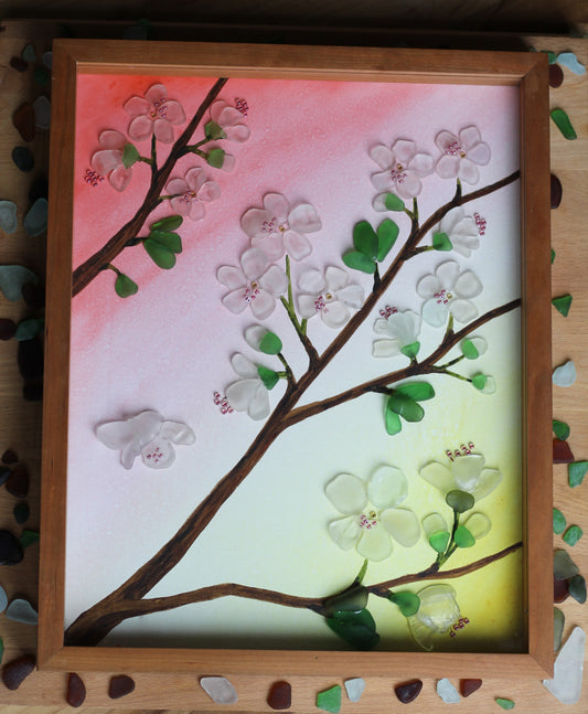 Handmade Sea Glass Painting - Cherry Blossoms
