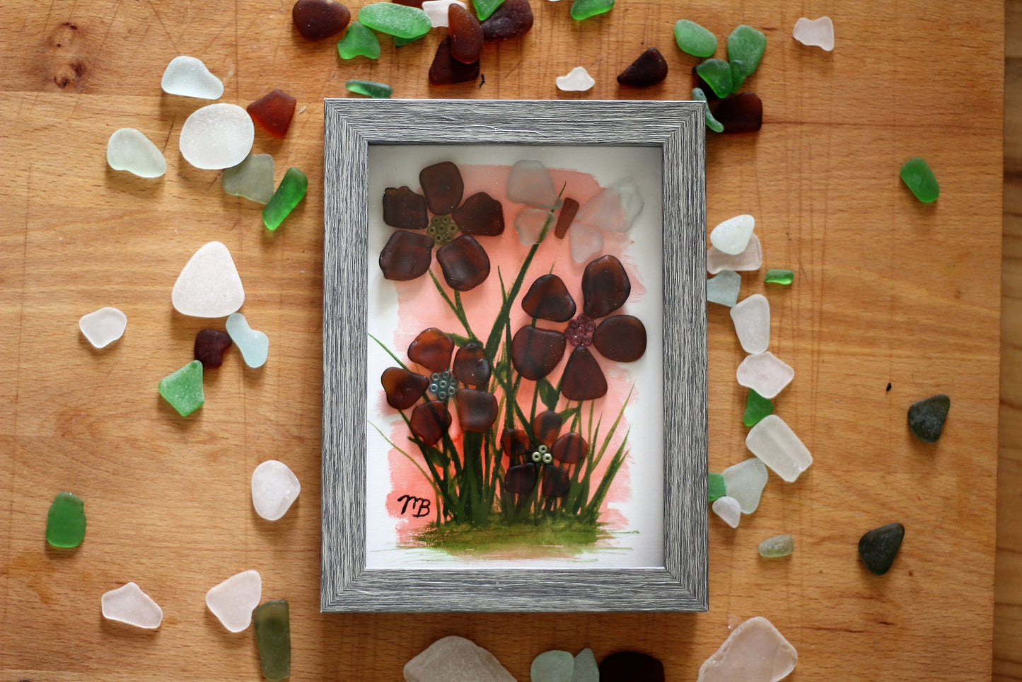 Handmade Sea Glass Painting - Spring Blossoms