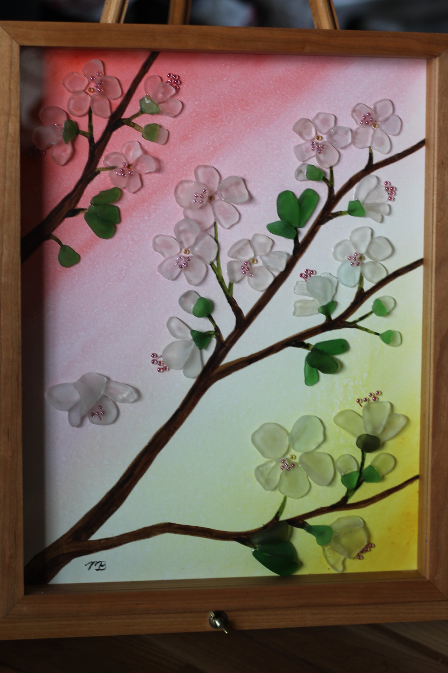 Handmade Sea Glass Painting - Cherry Blossoms