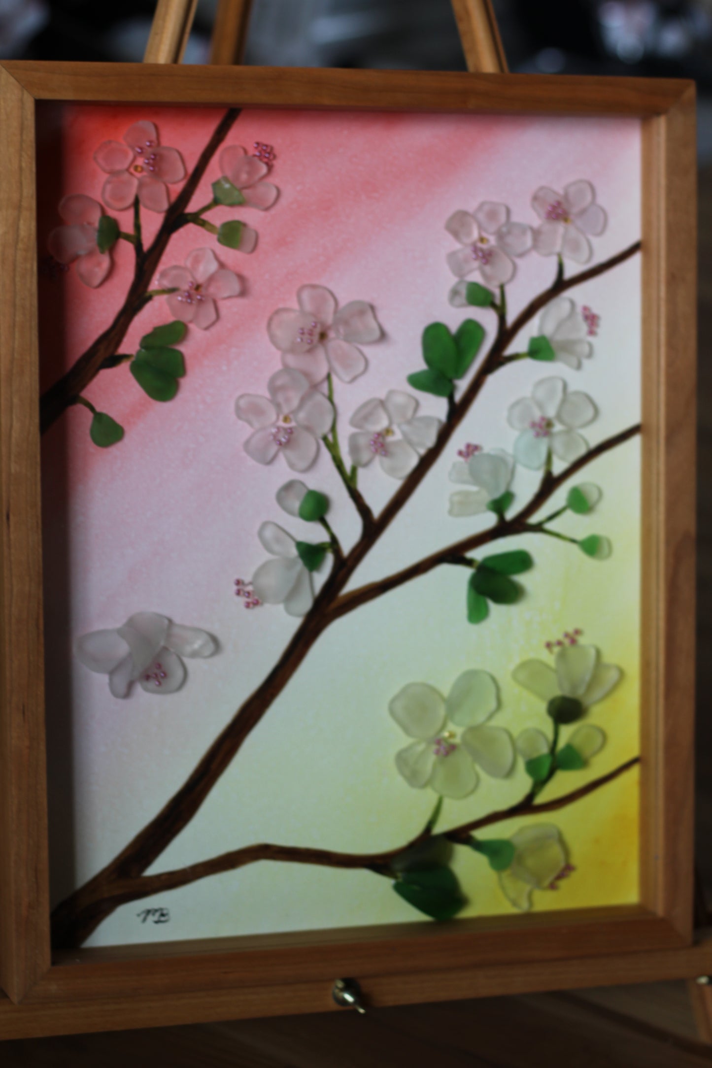 Handmade Sea Glass Painting - Cherry Blossoms