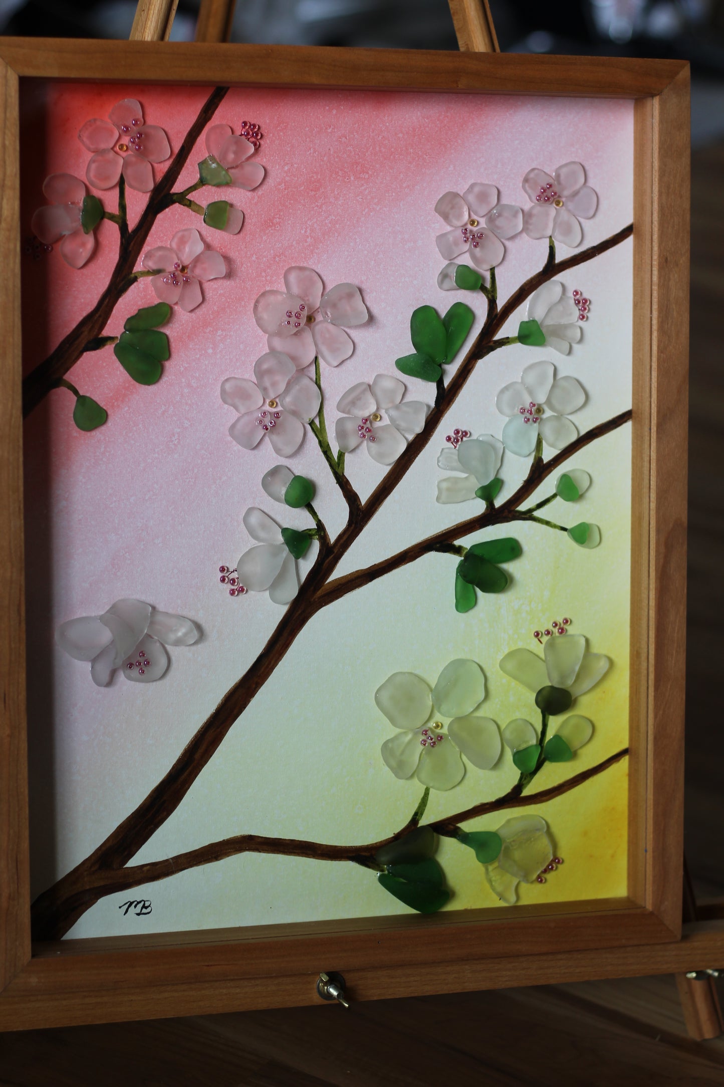 Handmade Sea Glass Painting - Cherry Blossoms