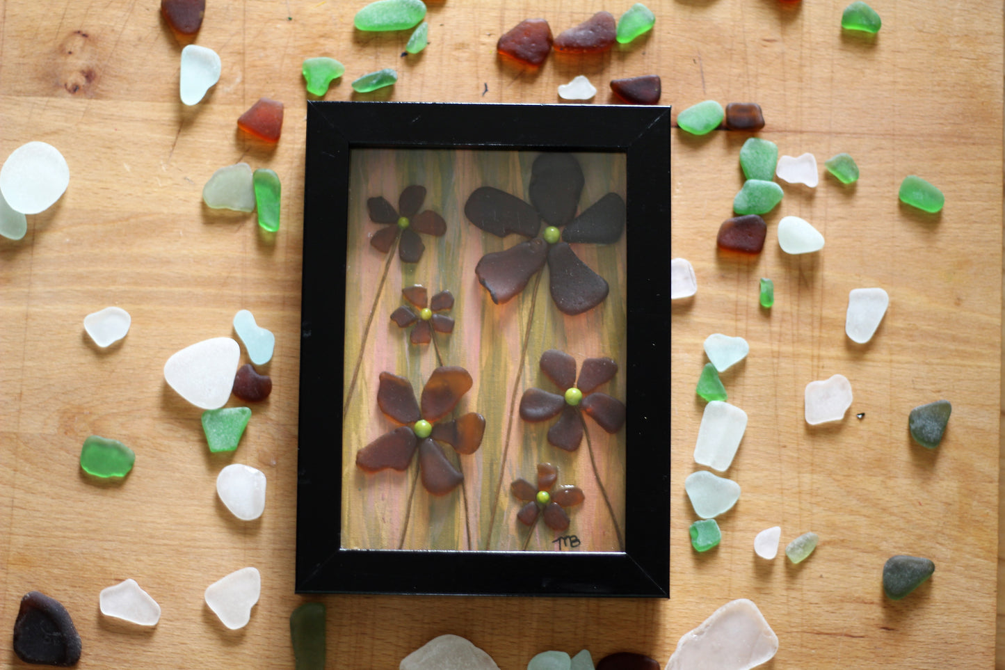 Handmade Sea Glass Painting - Six Flowers