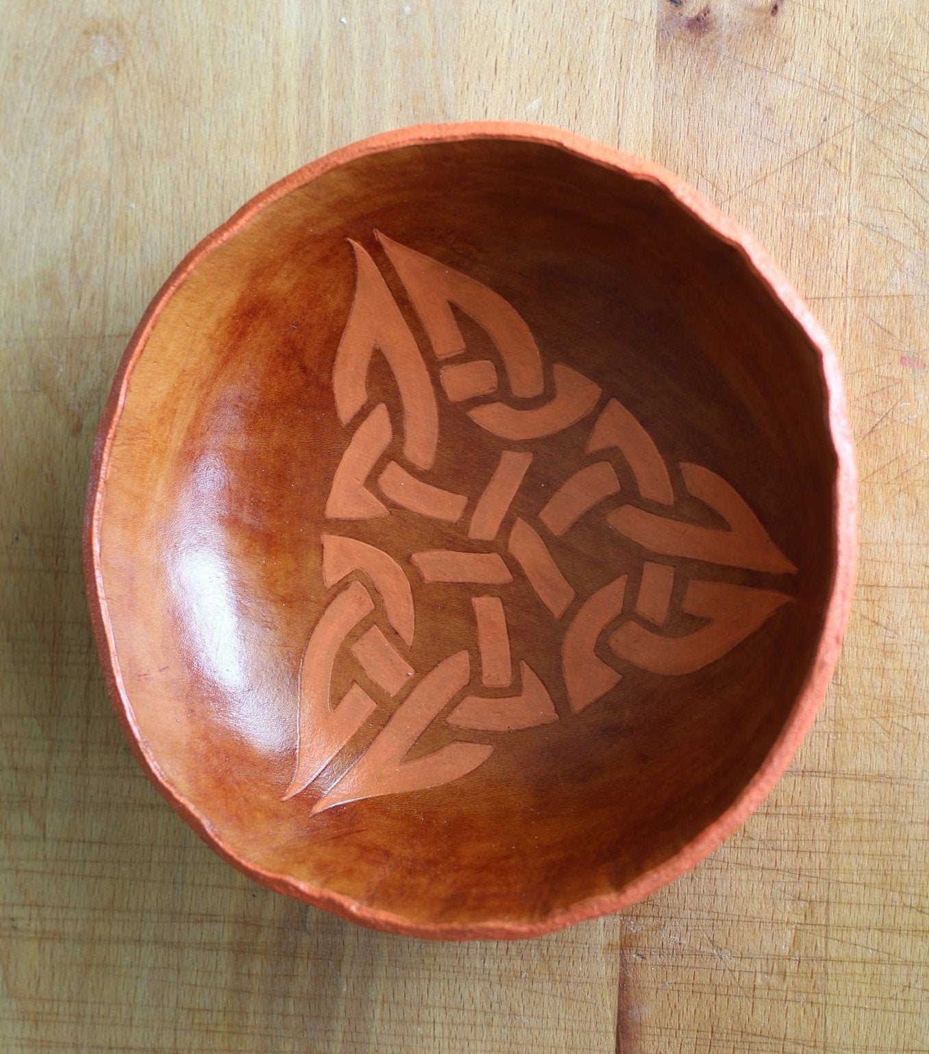 Leather Bowl Gaelic Pattern - Salmon Pink and Brown