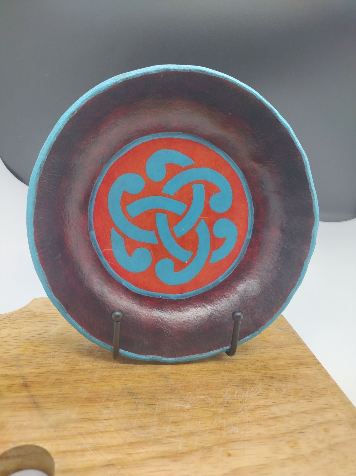 Leather Bowl Gaelic Pattern --red and blue