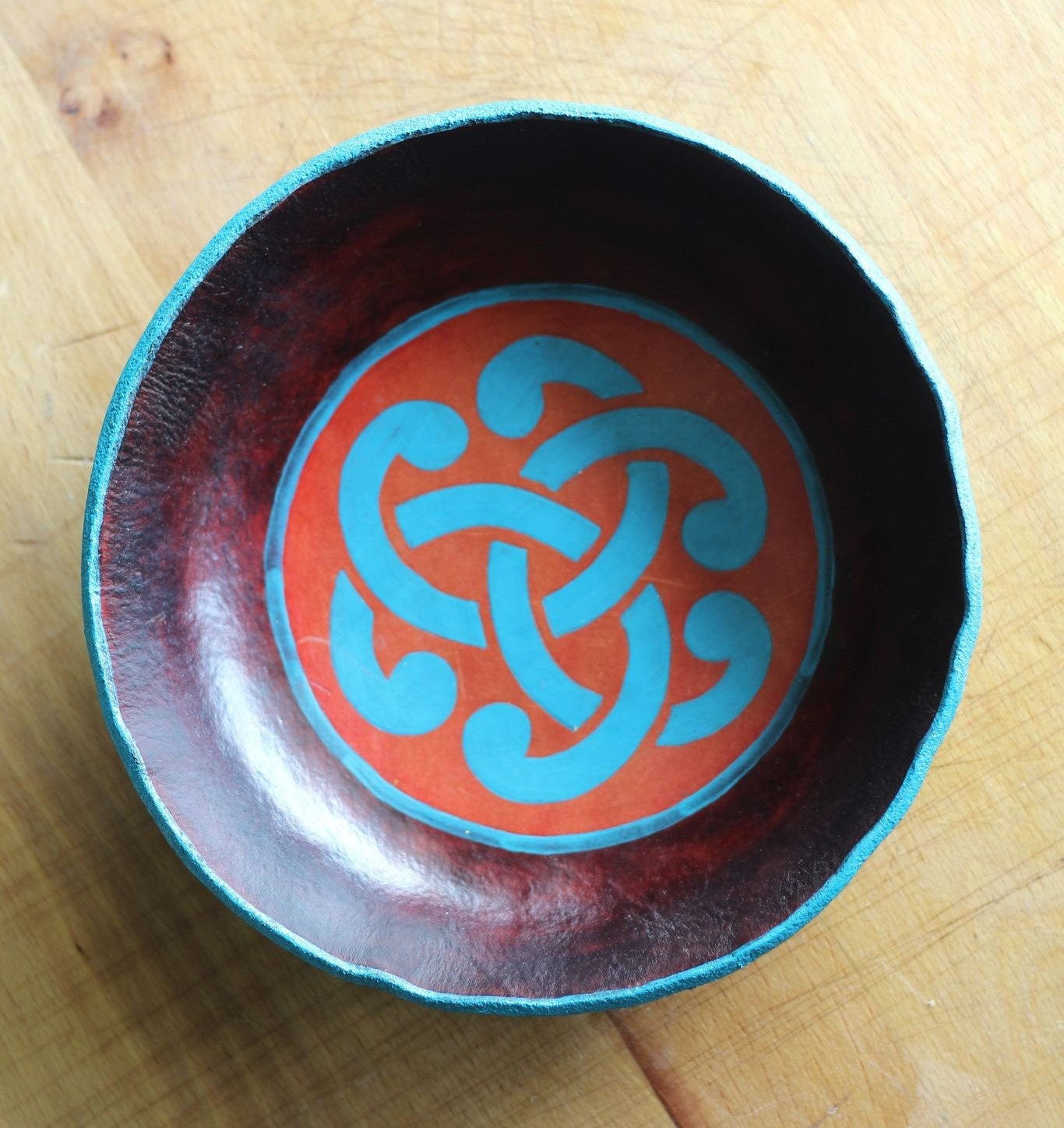 Leather Bowl Gaelic Pattern --red and blue