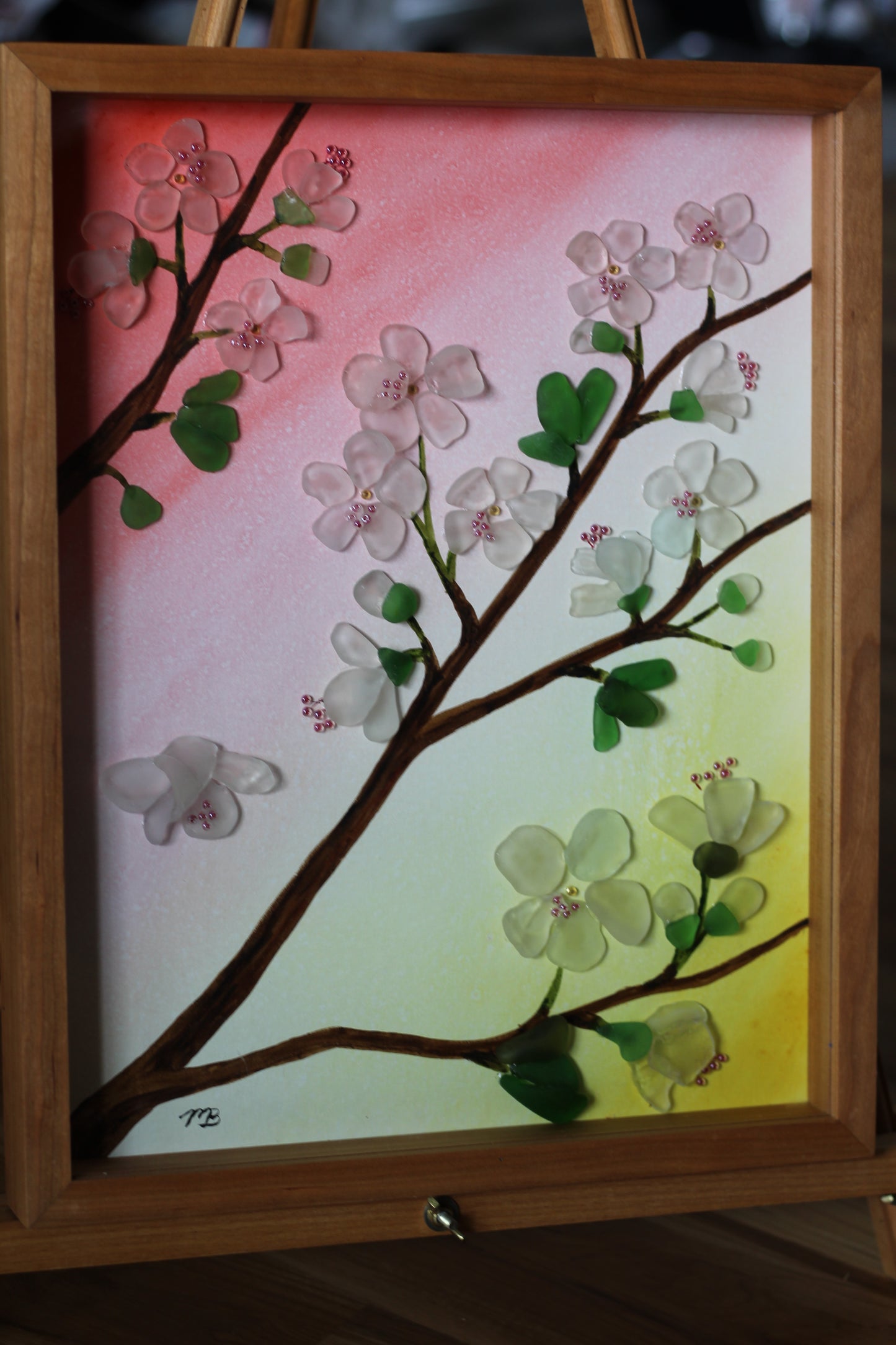 Handmade Sea Glass Painting - Cherry Blossoms