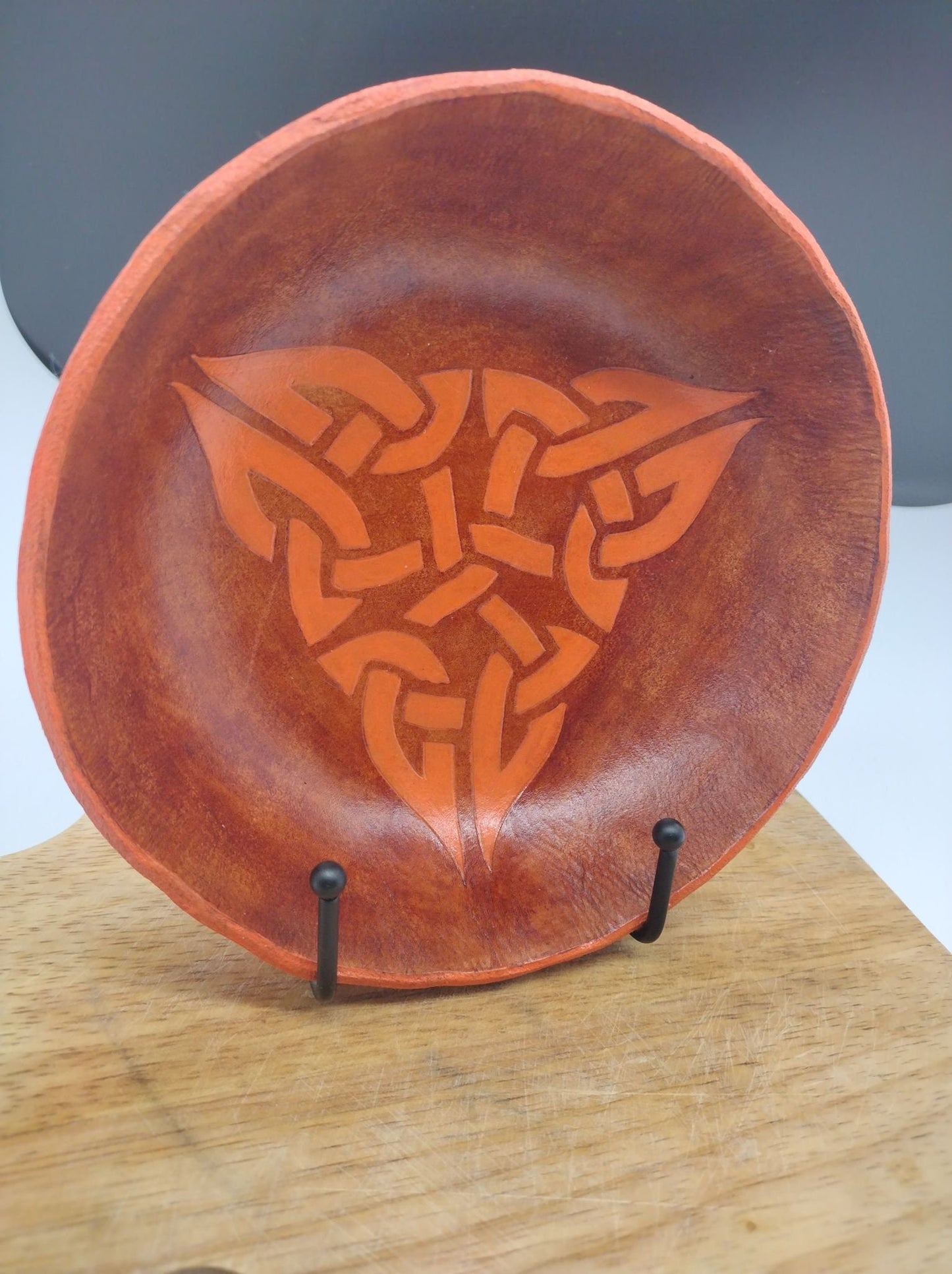 Leather Bowl Gaelic Pattern - Salmon Pink and Brown