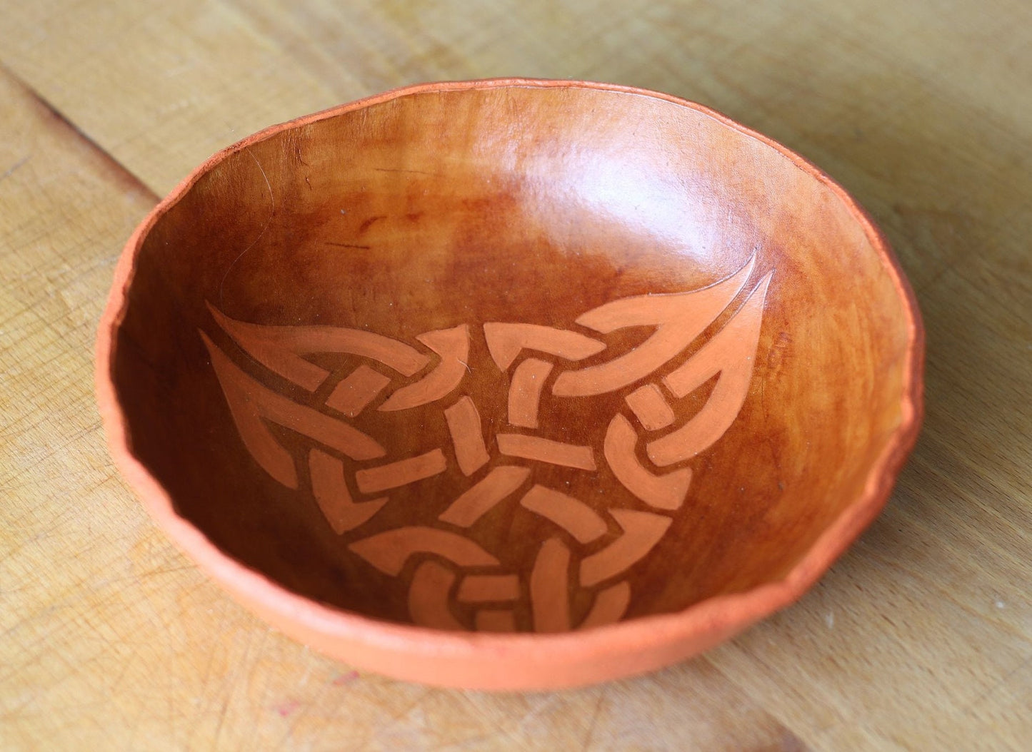 Leather Bowl Gaelic Pattern - Salmon Pink and Brown