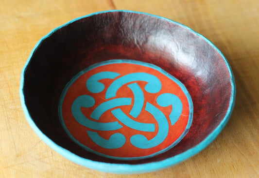 Leather Bowl Gaelic Pattern --red and blue
