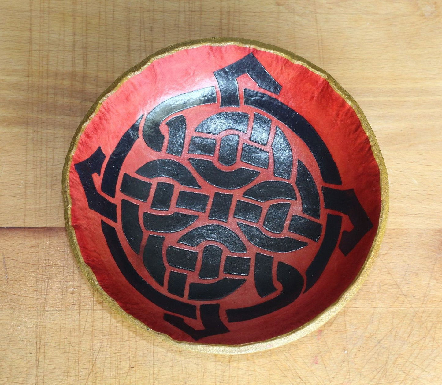 Leather Bowl Gaelic Pattern -- Red, Black, Golden Brown